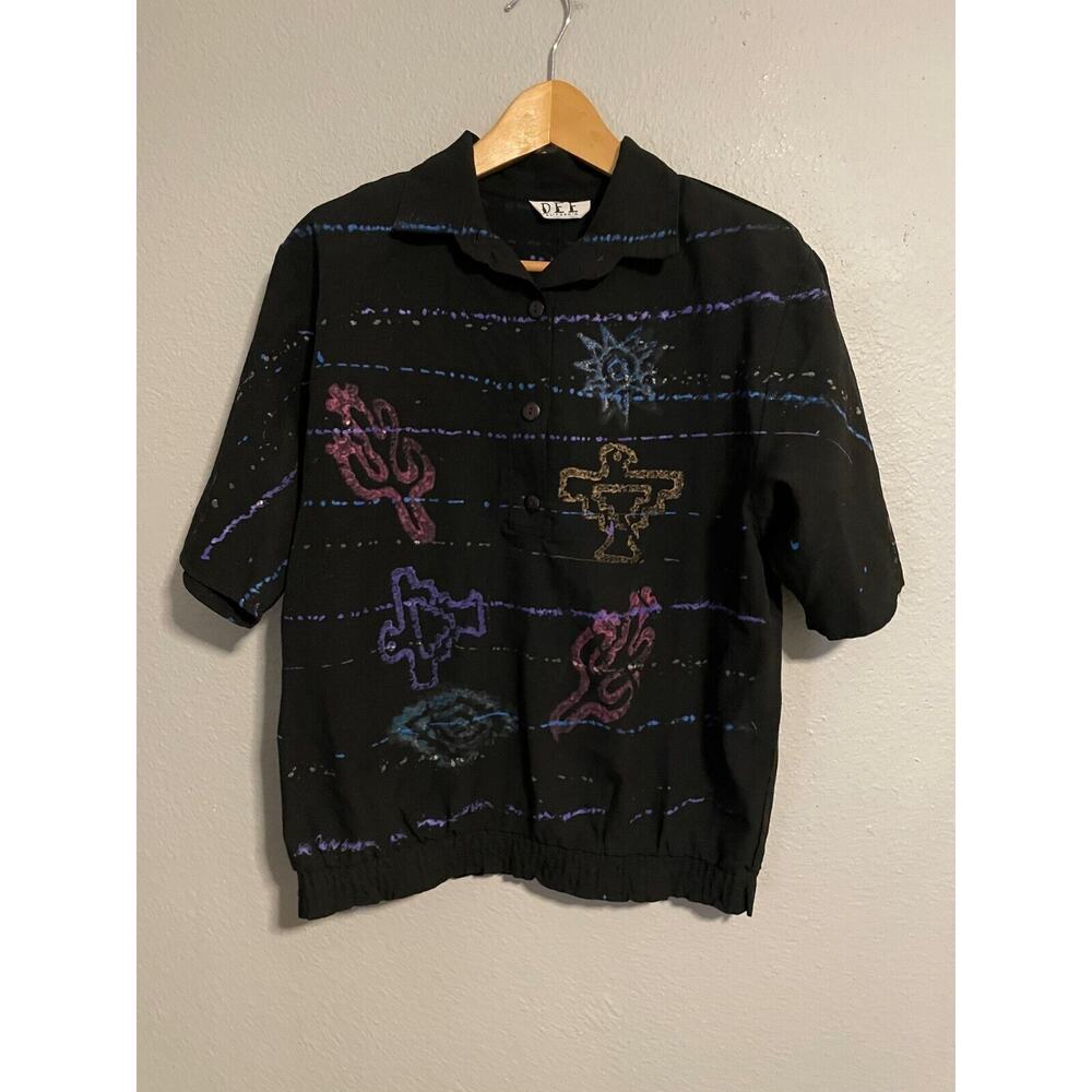 Vintage Dee California Womens Top Black Rayon Aztec Large Southwestern 80s READ